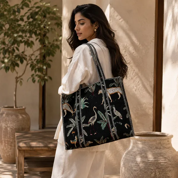 Kala_Jungle_Tote_Bag_Black_Tropical_Safari_Quilted_Tote_House_Of_Virasaat