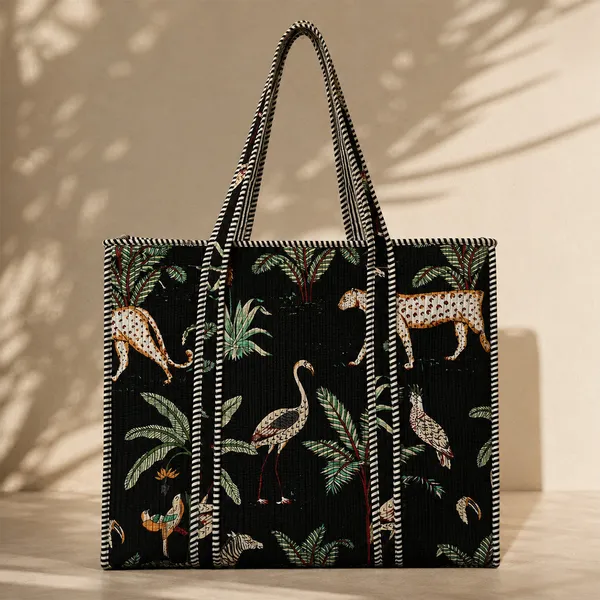 Kala_Jungle_Tote_Bag_Black_Tropical_Safari_Quilted_Tote_House_Of_Virasaat
