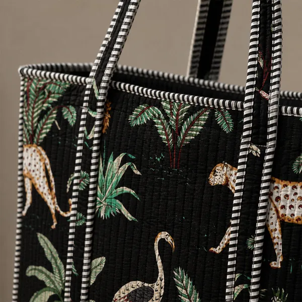 Kala_Jungle_Tote_Bag_Black_Tropical_Safari_Quilted_Tote_House_Of_Virasaat
