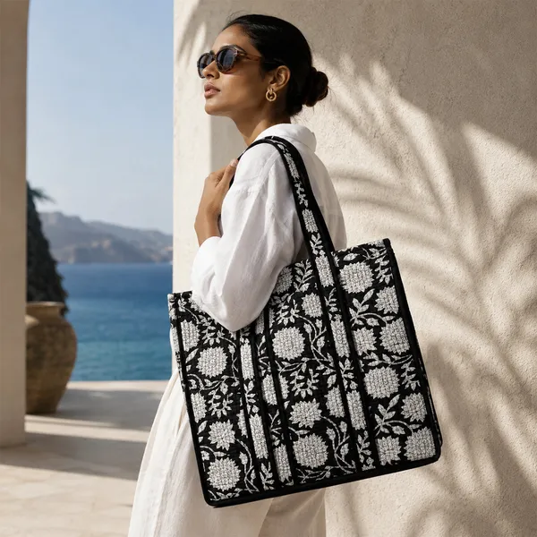 Raat_Ki_Rani_Tote_Bag_Black_White_Floral_Quilted_Tote_House_Of_Virasaat