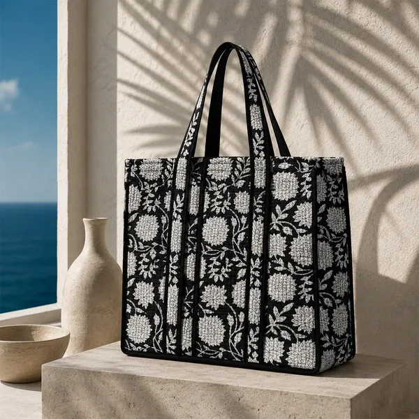 Raat_Ki_Rani_Tote_Bag_Black_White_Floral_Quilted_Tote_House_Of_Virasaat