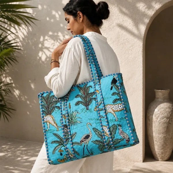 Neel_Jungle_Tote_Bag_Sky_Blue_Tropical_Safari_Quilted_Tote_House_Of_Virasaat