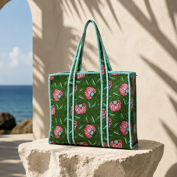 Anar_Bagh_Tote_Bag_Forest_Green_Blush_Pink_Floral_Quilted_Tote_House_Of_Virasaat