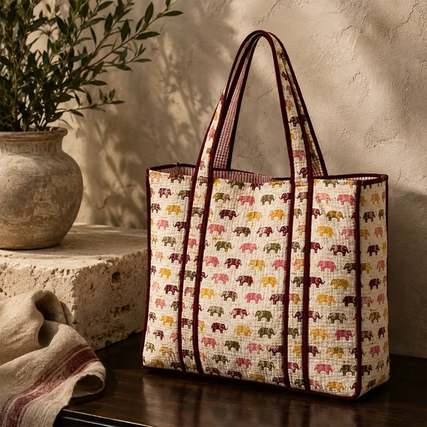 Gaja_Van_Tote_Bag_Ivory_Multicolour_Elephant_Quilted_Tote_House_Of_Virasaat