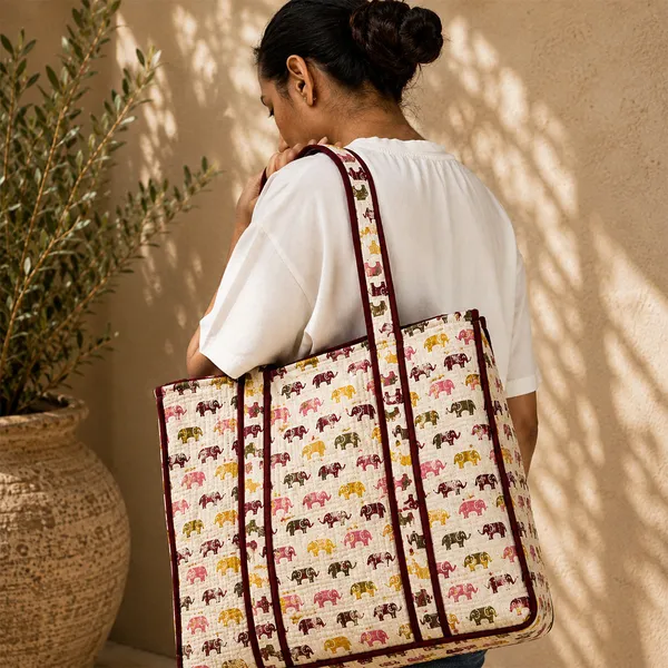 Gaja_Van_Tote_Bag_Ivory_Multicolour_Elephant_Quilted_Tote_House_Of_Virasaat
