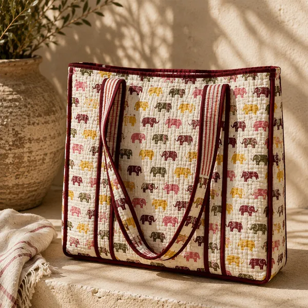 Gaja_Van_Tote_Bag_Ivory_Multicolour_Elephant_Quilted_Tote_House_Of_Virasaat