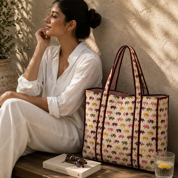 Gaja_Van_Tote_Bag_Ivory_Multicolour_Elephant_Quilted_Tote_House_Of_Virasaat