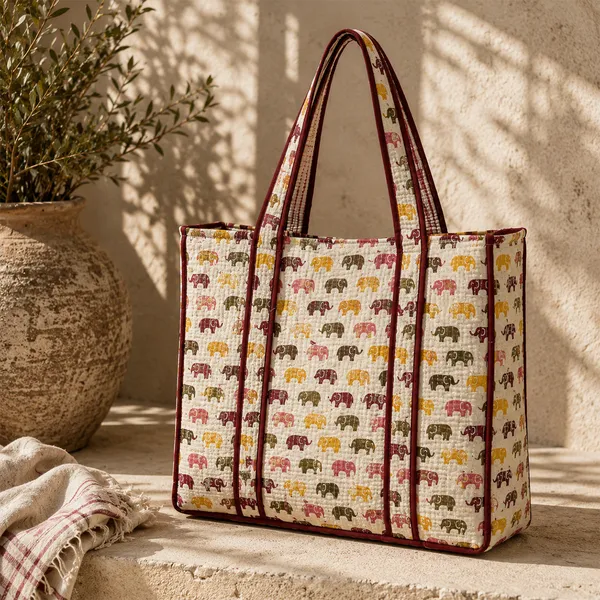 Gaja_Van_Tote_Bag_Ivory_Multicolour_Elephant_Quilted_Tote_House_Of_Virasaat