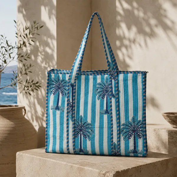 Neel_Taal_Tote_Bag_Blue_Palm_Stripe_Quilted_Tote_Bag_House_Of_Virasaat