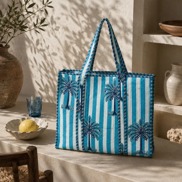 Neel_Taal_Tote_Bag_Blue_Palm_Stripe_Quilted_Tote_Bag_House_Of_Virasaat