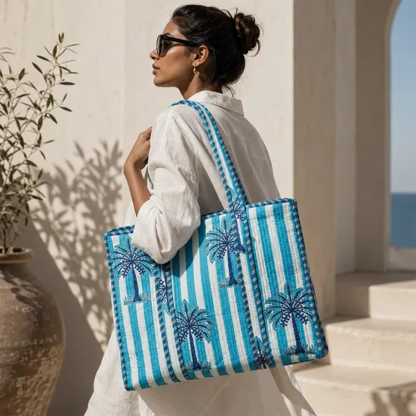 Neel_Taal_Tote_Bag_Blue_Palm_Stripe_Quilted_Tote_Bag_House_Of_Virasaat