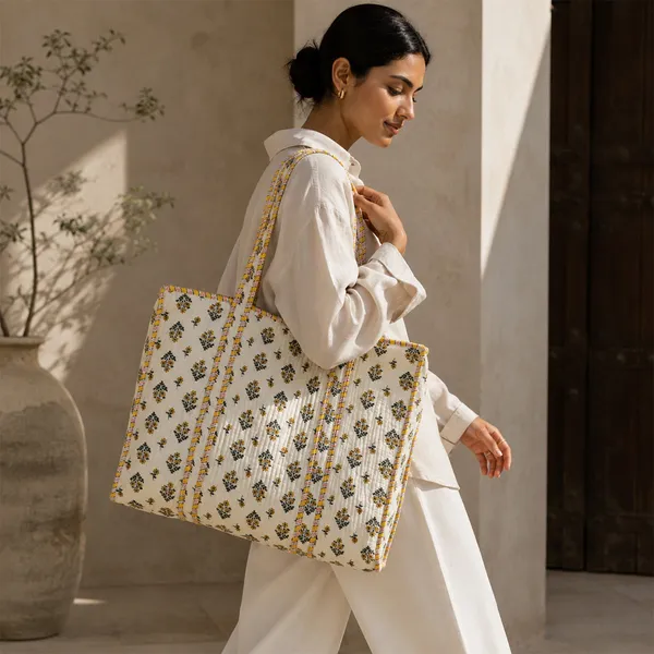 Genda_Phool_Tote_Bag_Ivory_Yellow_Floral_Quilted_Tote_Bag_House_Of_Virasaat