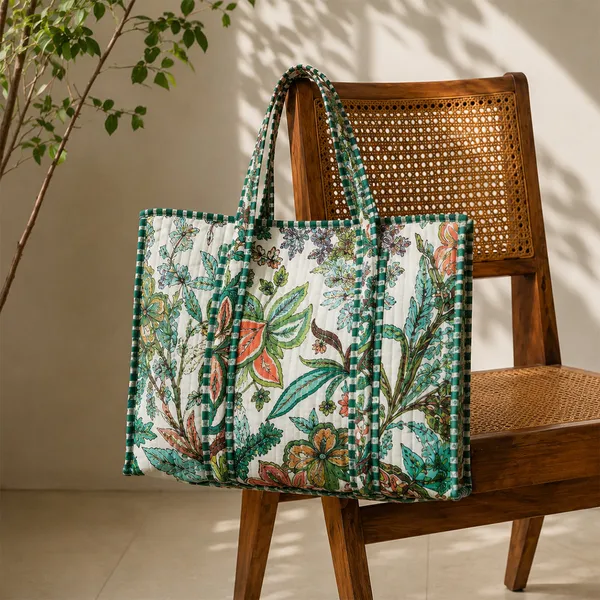 Hariyali_Bagh_Tote_Bag_Ivory_Green_Tropical_Quilted_Tote_Bag_House_Of_Virasaat