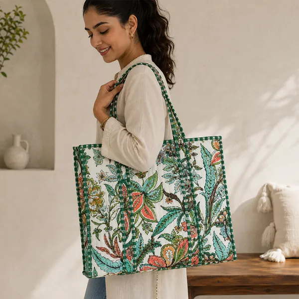 Hariyali_Bagh_Tote_Bag_Ivory_Green_Tropical_Quilted_Tote_Bag_House_Of_Virasaat