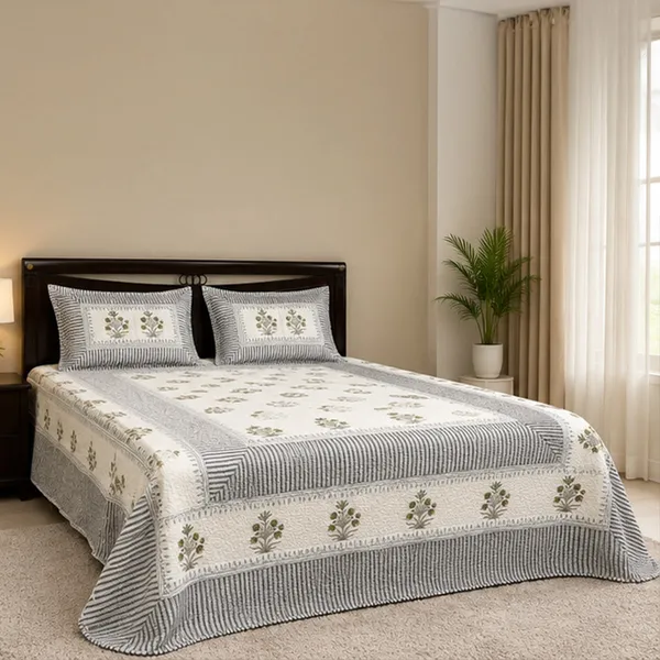 Hara_Bagh_Patchwork_Bedcover_Double_King_Size_Off_White_Slate_Grey_Quilted_Bedspread_With_Green_Guldasta_House_Of_Virasaat
