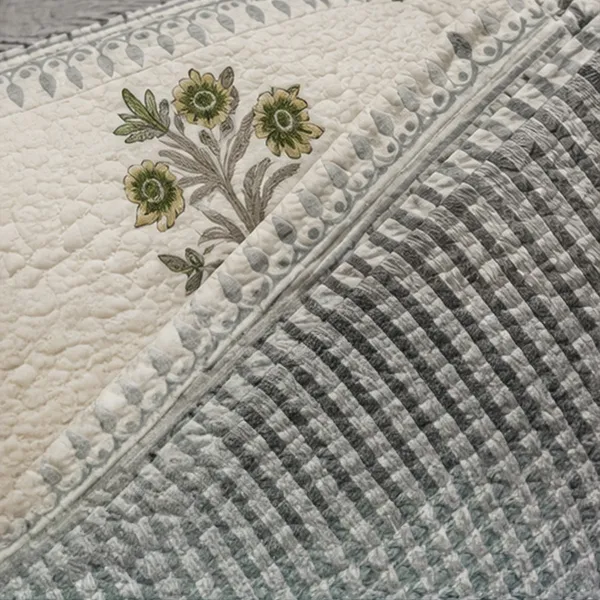 Hara_Bagh_Patchwork_Bedcover_Double_King_Size_Off_White_Slate_Grey_Quilted_Bedspread_With_Green_Guldasta_House_Of_Virasaat