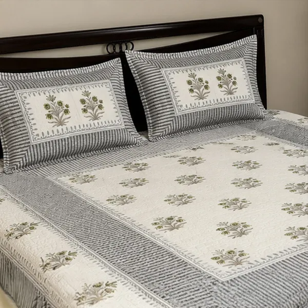 Hara_Bagh_Patchwork_Bedcover_Double_King_Size_Off_White_Slate_Grey_Quilted_Bedspread_With_Green_Guldasta_House_Of_Virasaat