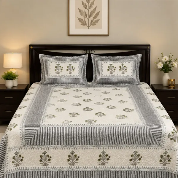 Hara_Bagh_Patchwork_Bedcover_Double_King_Size_Off_White_Slate_Grey_Quilted_Bedspread_With_Green_Guldasta_House_Of_Virasaat