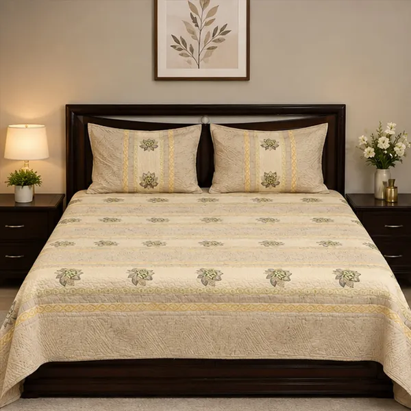 Pista_Lotus_Patchwork_Bedcover_Double_King_Size_Beige_Sage_Green_Quilted_Bedspread_With_Pillow_Covers_House_Of_Virasaat