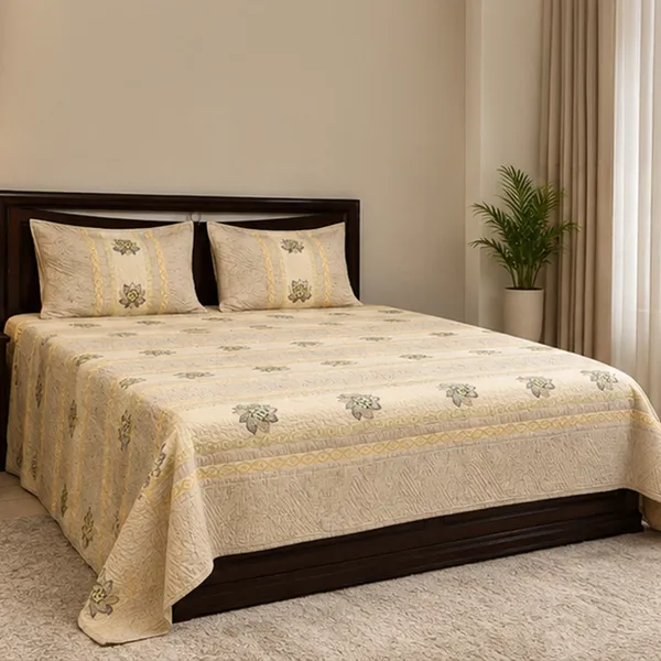 Pista_Lotus_Patchwork_Bedcover_Double_King_Size_Beige_Sage_Green_Quilted_Bedspread_With_Pillow_Covers_House_Of_Virasaat
