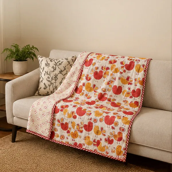 Laal_Chidiya_Reversible_Dohar_Set_Of_2_Single_60x90_Cotton_Mulmul_Ac_Dohar_Combo_With_Red_Mustard_Heart_Chicken_Print_House_Of_Virasaat