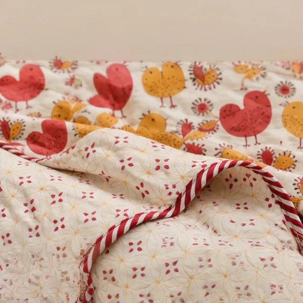 Laal_Chidiya_Reversible_Dohar_Set_Of_2_Single_60x90_Cotton_Mulmul_Ac_Dohar_Combo_With_Red_Mustard_Heart_Chicken_Print_House_Of_Virasaat