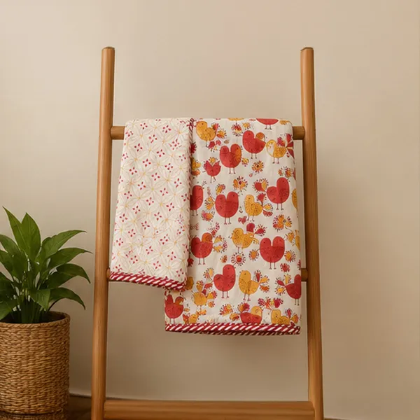 Laal_Chidiya_Reversible_Dohar_Set_Of_2_Single_60x90_Cotton_Mulmul_Ac_Dohar_Combo_With_Red_Mustard_Heart_Chicken_Print_House_Of_Virasaat