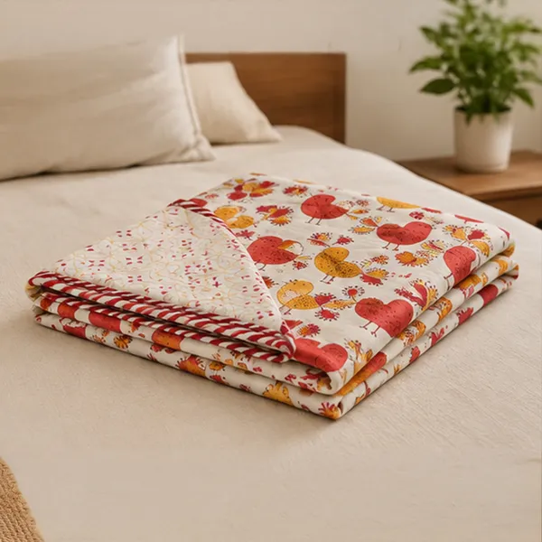 Laal_Chidiya_Reversible_Dohar_Set_Of_2_Single_60x90_Cotton_Mulmul_Ac_Dohar_Combo_With_Red_Mustard_Heart_Chicken_Print_House_Of_Virasaat