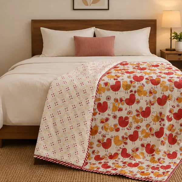 Laal_Chidiya_Reversible_Dohar_Set_Of_2_Single_60x90_Cotton_Mulmul_Ac_Dohar_Combo_With_Red_Mustard_Heart_Chicken_Print_House_Of_Virasaat