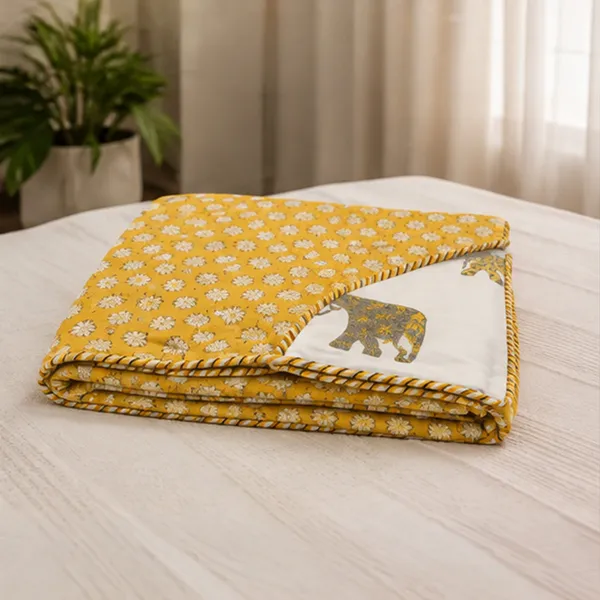 Peeli_Bagh_Elephant_Dohar_Double_90x108_Reversible_3_Layer_Cotton_Mulmul_Ac_Dohar_With_Marigold_Booti_Hathi_Chhatri_Print_House_Of_Virasaat