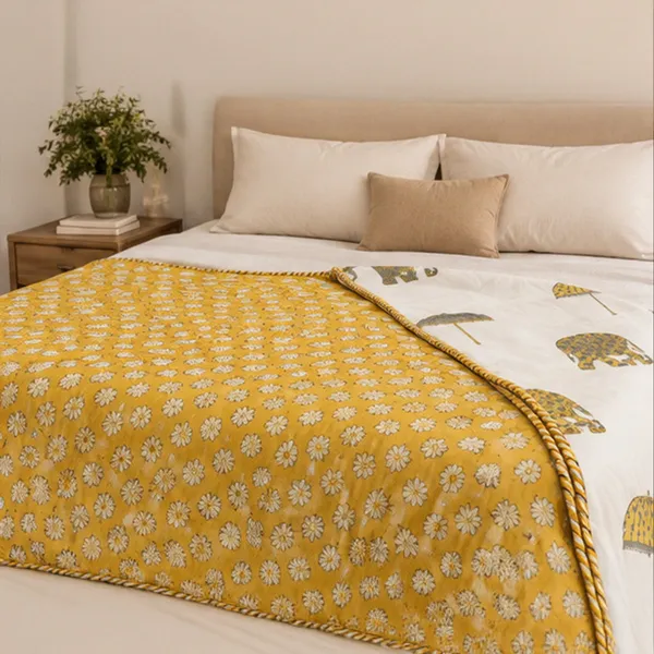 Peeli_Bagh_Elephant_Dohar_Double_90x108_Reversible_3_Layer_Cotton_Mulmul_Ac_Dohar_With_Marigold_Booti_Hathi_Chhatri_Print_House_Of_Virasaat