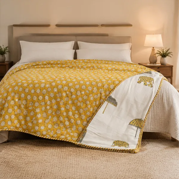 Peeli_Bagh_Elephant_Dohar_Double_90x108_Reversible_3_Layer_Cotton_Mulmul_Ac_Dohar_With_Marigold_Booti_Hathi_Chhatri_Print_House_Of_Virasaat