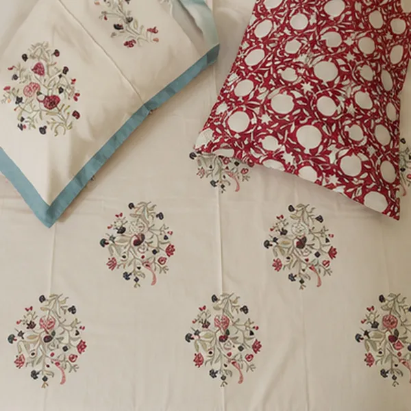 Jaipuri_Floral_Block_Print_Cotton_Bedsheet_With_Teal_Border_100_Pure_Cotton_Bedding_Set