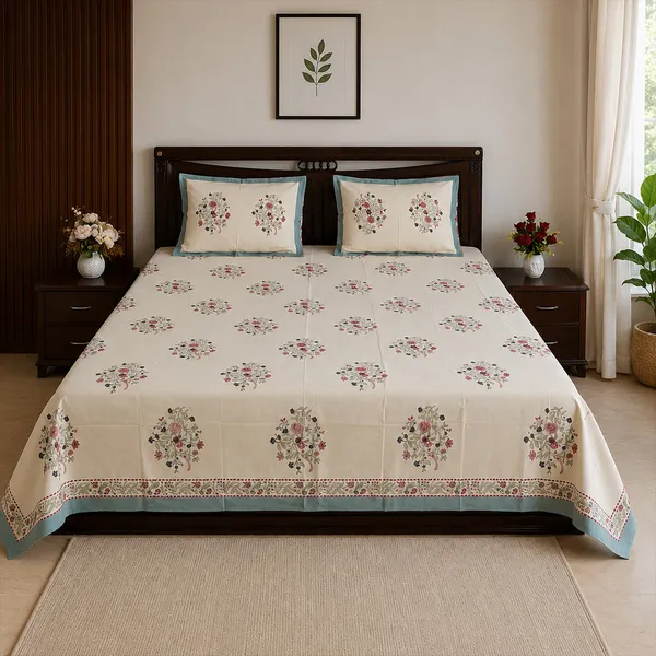 Jaipuri_Floral_Block_Print_Cotton_Bedsheet_With_Teal_Border_100_Pure_Cotton_Bedding_Set