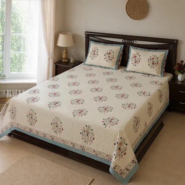 Jaipuri_Floral_Block_Print_Cotton_Bedsheet_With_Teal_Border_100_Pure_Cotton_Bedding_Set