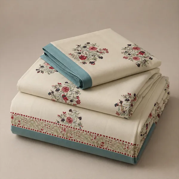 Jaipuri_Floral_Block_Print_Cotton_Bedsheet_With_Teal_Border_100_Pure_Cotton_Bedding_Set