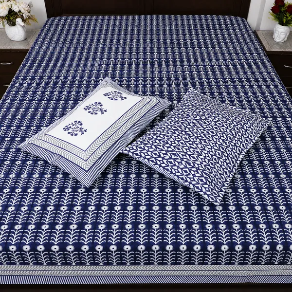 Rajsi_Hand_Block_Printed_King_Size_Bedsheet_100_Cotton_Indigo_Blue_Floral_Vines_On_White