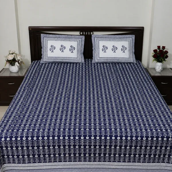 Rajsi_Hand_Block_Printed_King_Size_Bedsheet_100_Cotton_Indigo_Blue_Floral_Vines_On_White