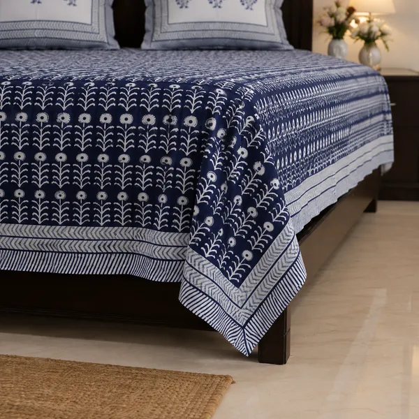 Rajsi_Hand_Block_Printed_King_Size_Bedsheet_100_Cotton_Indigo_Blue_Floral_Vines_On_White