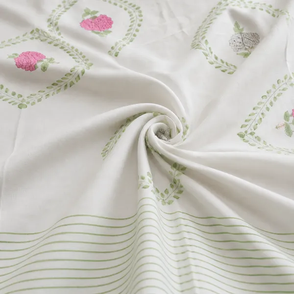 Sunehri_Hand_Block_Printed_King_Size_Bedsheet_100_Cotton_Pink_Rose_Green_Fern_Trellis_With_Check_Border