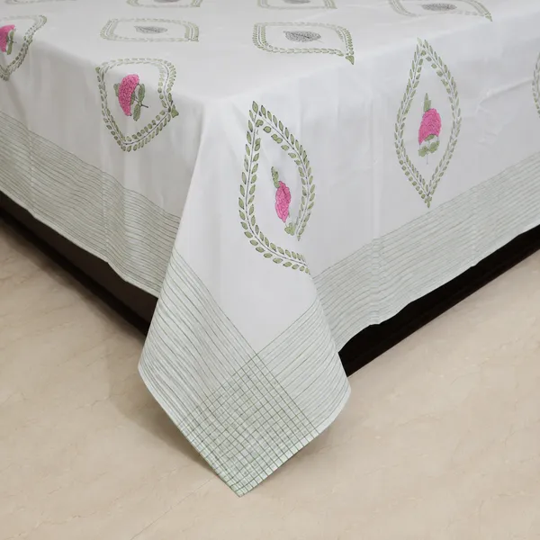 Sunehri_Hand_Block_Printed_King_Size_Bedsheet_100_Cotton_Pink_Rose_Green_Fern_Trellis_With_Check_Border