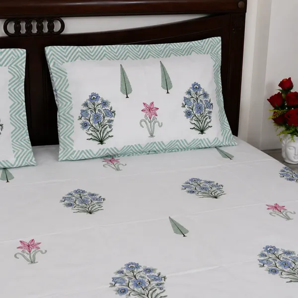 Kesar_Bagh_Hand_Block_Printed_Double_Bedsheet_100_Cotton_Blue_Pink_Lily_Cypress_Garden_Print