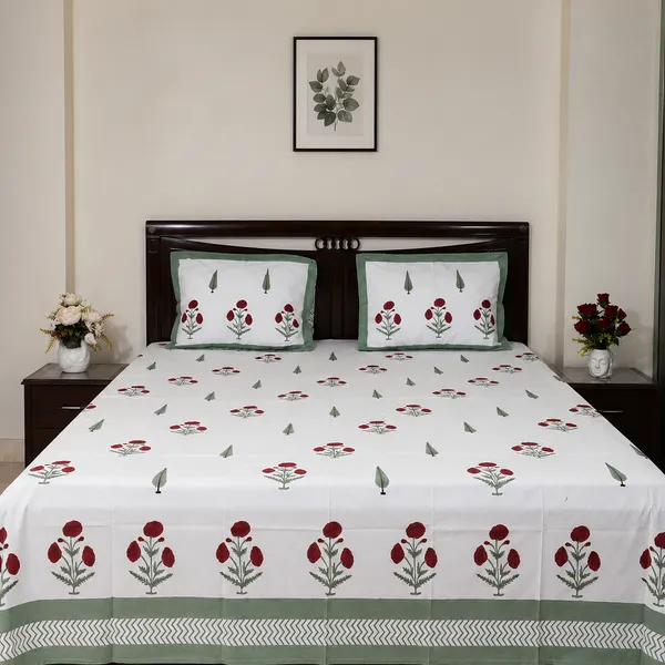 Gulnaar_Hand_Block_Printed_Double_Bedsheet_100_Cotton_Bold_Maroon_Floral_With_Sage_Cypress