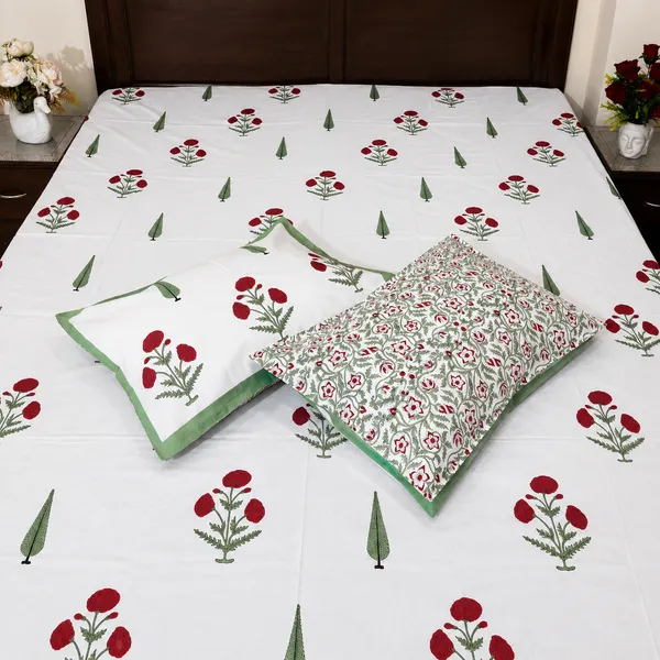 Gulnaar_Hand_Block_Printed_Double_Bedsheet_100_Cotton_Bold_Maroon_Floral_With_Sage_Cypress