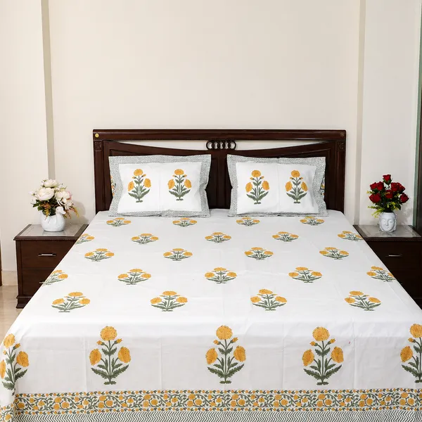Rangrez_Hand_Block_Printed_Double_Bedsheet_100_Cotton_Sunny_Marigold_Yellow_Floral