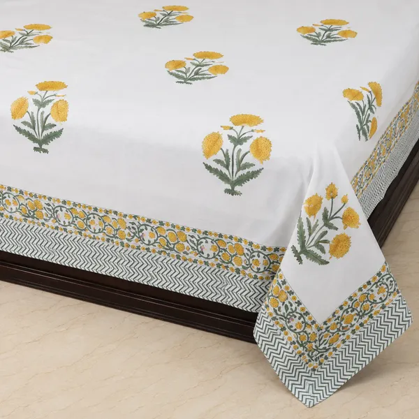 Rangrez_Hand_Block_Printed_Double_Bedsheet_100_Cotton_Sunny_Marigold_Yellow_Floral
