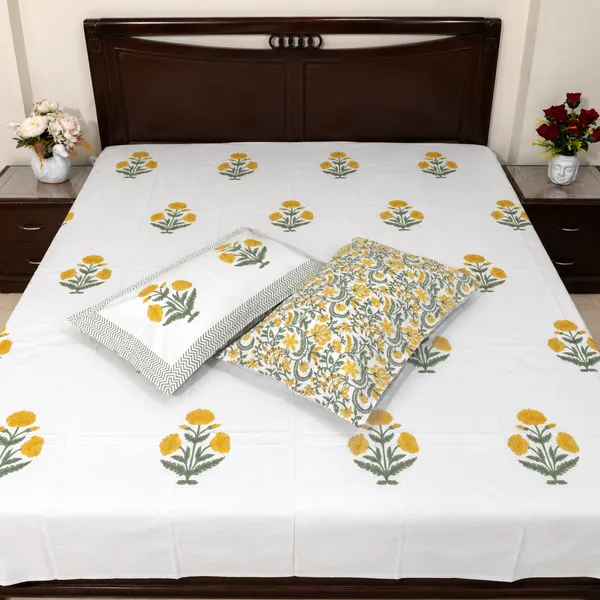 Rangrez_Hand_Block_Printed_Double_Bedsheet_100_Cotton_Sunny_Marigold_Yellow_Floral