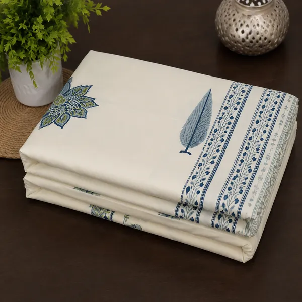 Rajputana_Hand_Block_Printed_Double_Bedsheet_100_Cotton_Slate_Blue_Lotus_Cypress_On_Cream