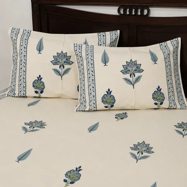 Rajputana_Hand_Block_Printed_Double_Bedsheet_100_Cotton_Slate_Blue_Lotus_Cypress_On_Cream