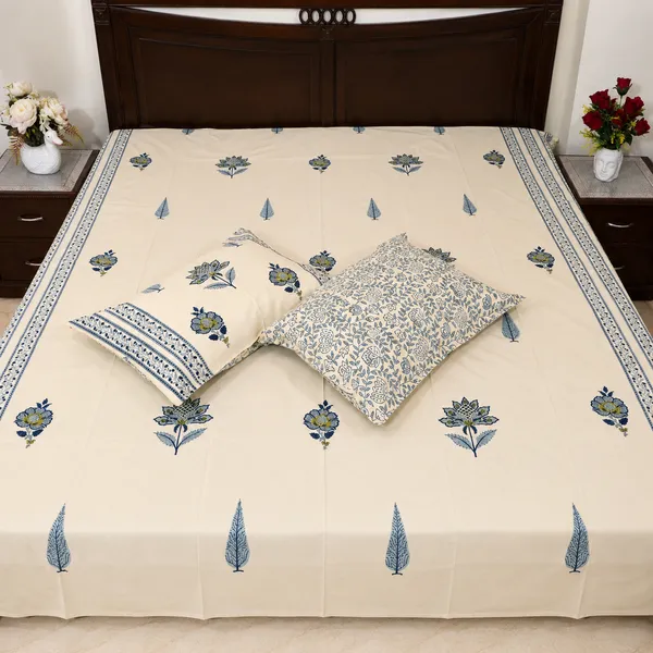 Rajputana_Hand_Block_Printed_Double_Bedsheet_100_Cotton_Slate_Blue_Lotus_Cypress_On_Cream